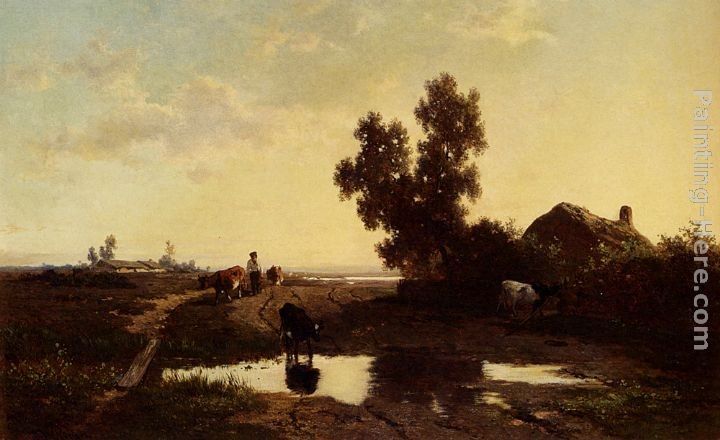 Willem Roelofs A Cowherd And His Cattle At Sunset
